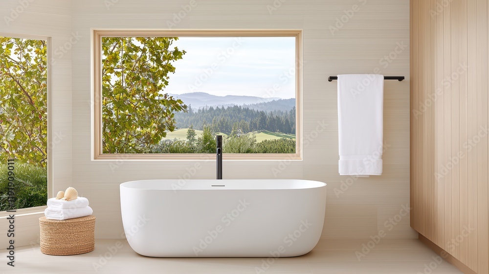 Modern Bathroom with Scenic View of Nature and Minimalist Design Modern Bathroom with Scenic View of Nature and Minimalist Design