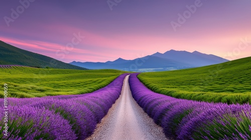 Scenic Lavender Fields with Pathway and Majestic Mountains