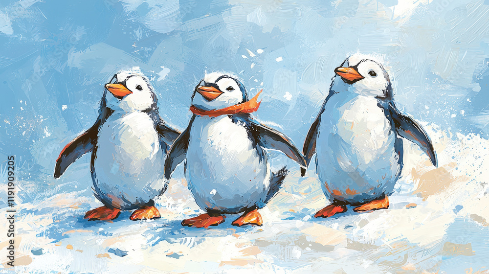 Fototapeta premium Playful gathering of penguins on icy shore, showcasing their charm and camaraderie in winter wonderland