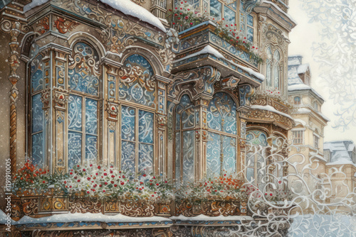 facade of a building decorated in Art Nouveau style in winter.  