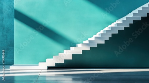 White stairs ascending teal wall  sunlit room  growth concept
