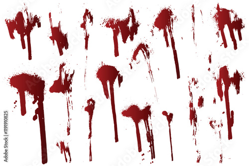 Vector paint ink red blood splash design. Set of red color blood drop and splatter isolated background