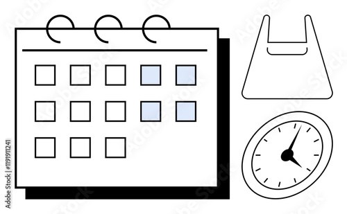 Calendar with highlighted days, clock showing time, and a shopping bag. Ideal for planning, scheduling, deadlines, appointments, organization reminders timekeeping. Simple abstract line flat