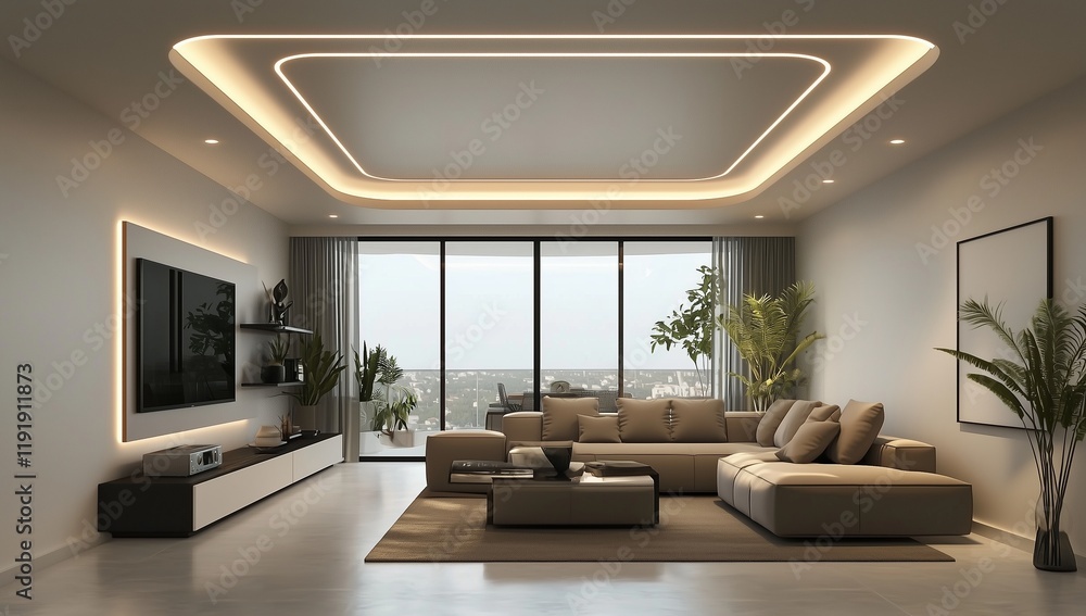 Fototapeta premium Sleek living room 3D model with ambient lighting and contemporary style.
