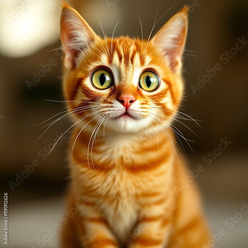 Ginger kitten looking up, indoor setting, blurred background, pet portrait for website photo