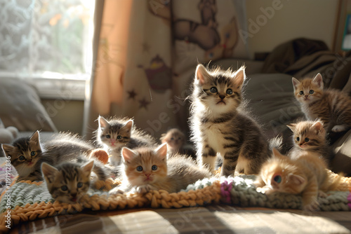 Adorable Kittens at Play in a Sunlit Room, Innocently Frolicking on a Plush Blanket photo