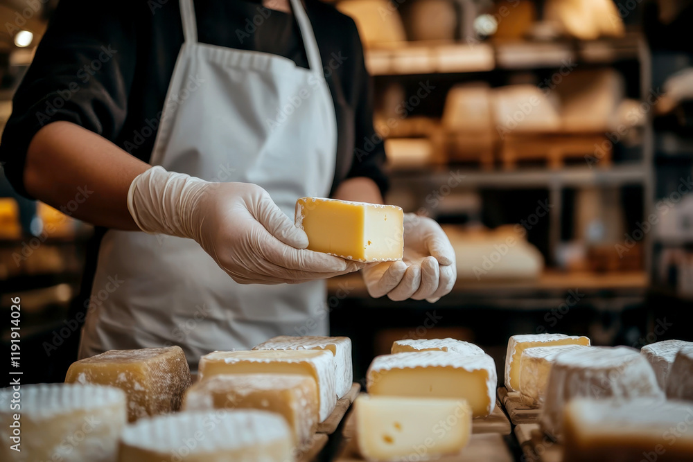 Close up of a woman wearing gloves in an apron holding a piece of cheese. Close up of a woman wearing gloves in an apron holding a piece of cheese.