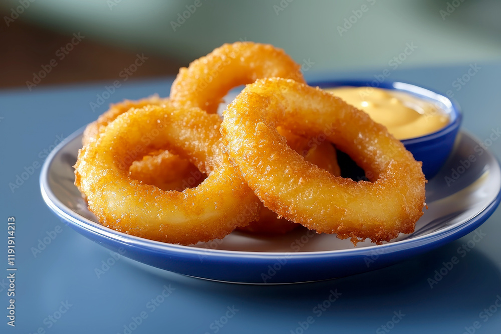 deep onion rings with cheddar sauce in plate on isolated background. deep onion rings with cheddar sauce in plate on isolated background.