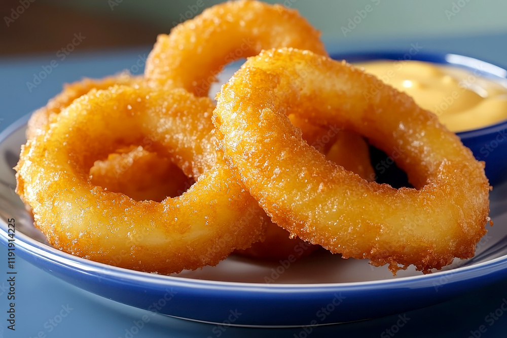 deep onion rings with cheddar sauce in plate on isolated background. deep onion rings with cheddar sauce in plate on isolated background.