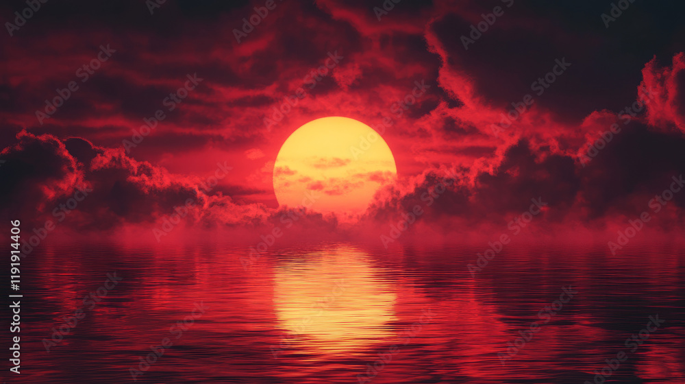 intense crimson sunset over serene ocean with dramatic sky reflection capturing the fiery red hues of nature photography in a calming evening seascape landscape intense crimson sunset over serene ocean with dramatic sky reflection capturing the fiery red hues of nature photography in a calming evening seascape landscape