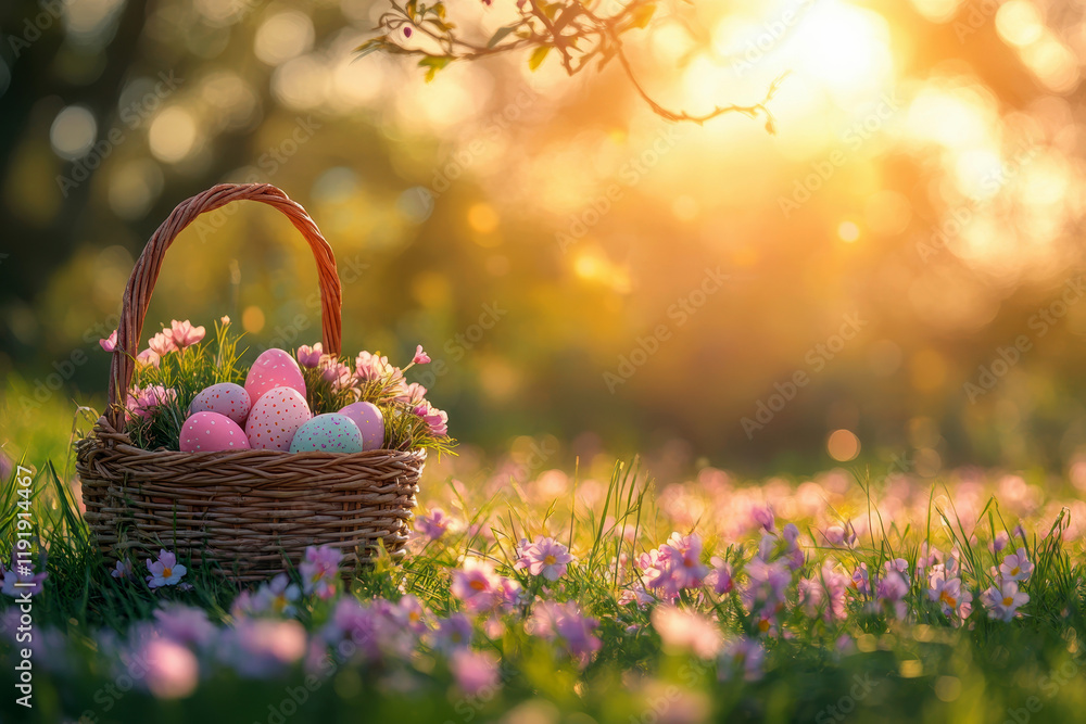 Easter Eggs Basket in spring meadow filled with blooming flowers. Easter Eggs Basket in spring meadow filled with blooming flowers.