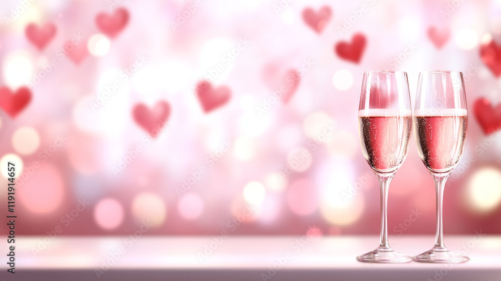 Two glasses of rose sparkling wine on reflective surface with romantic pink bokeh heart backdrop Two glasses of rose sparkling wine on reflective surface with romantic pink bokeh heart backdrop