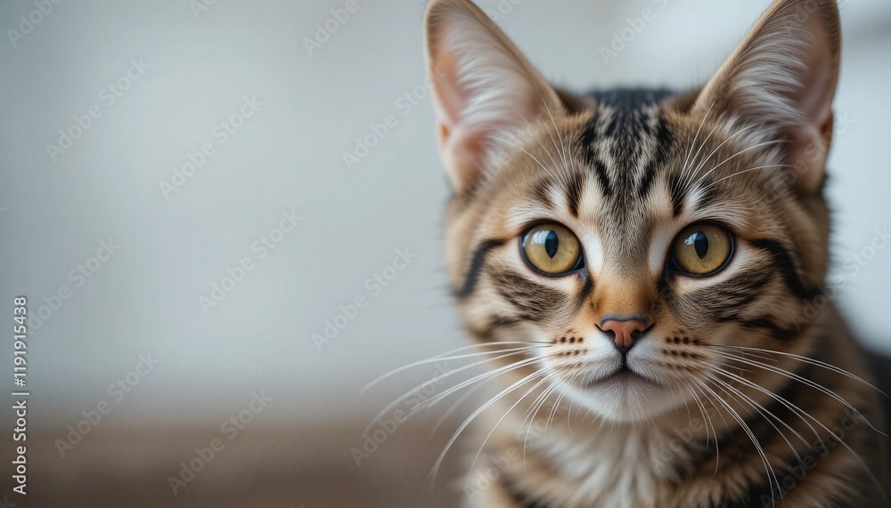 A close-up of a curious tabby cat's face, showing detailed whiskers and soft fur textures. The background is blurred with a minimalist design. A close-up of a curious tabby cat's face, showing detailed whiskers and soft fur textures. The background is blurred with a minimalist design.
