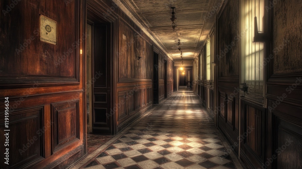 Abandoned building hallway, checkered floor, sunlight, decay, mystery, exploration Abandoned building hallway, checkered floor, sunlight, decay, mystery, exploration