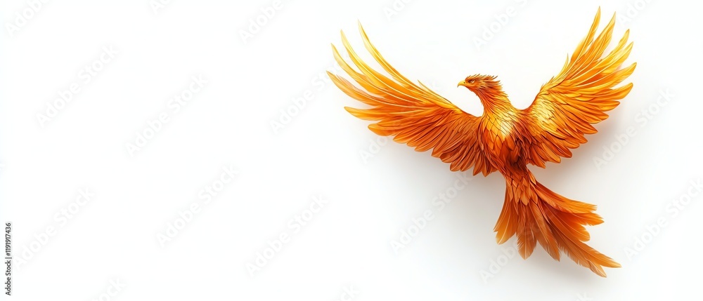 Obraz premium A vibrant orange phoenix with outstretched wings, symbolizing rebirth and transformation, set against a white background.