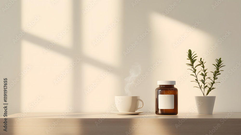 A medicine bottle is elegantly displayed on a smooth table under warm, diffused lighting. The scene incorporates simple home elements like a steaming cup of tea and a small plant, creating a bright A medicine bottle is elegantly displayed on a smooth table under warm, diffused lighting. The scene incorporates simple home elements like a steaming cup of tea and a small plant, creating a bright