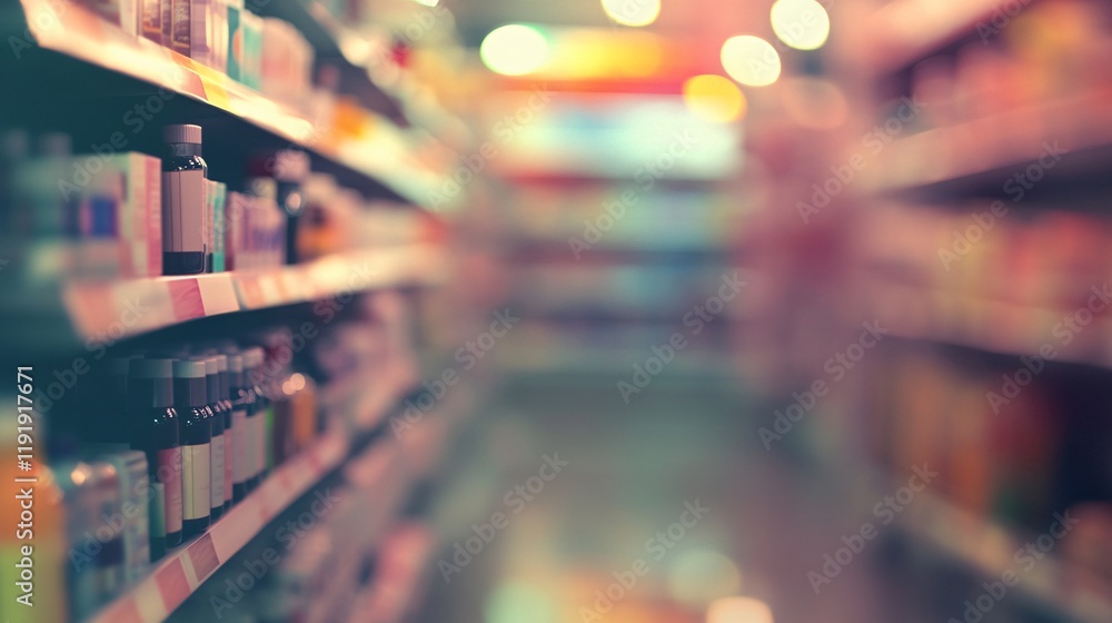 Pharmacy store interior with shelves and rows of medicines with copy space. Pharmacy store interior with shelves and rows of medicines with copy space.