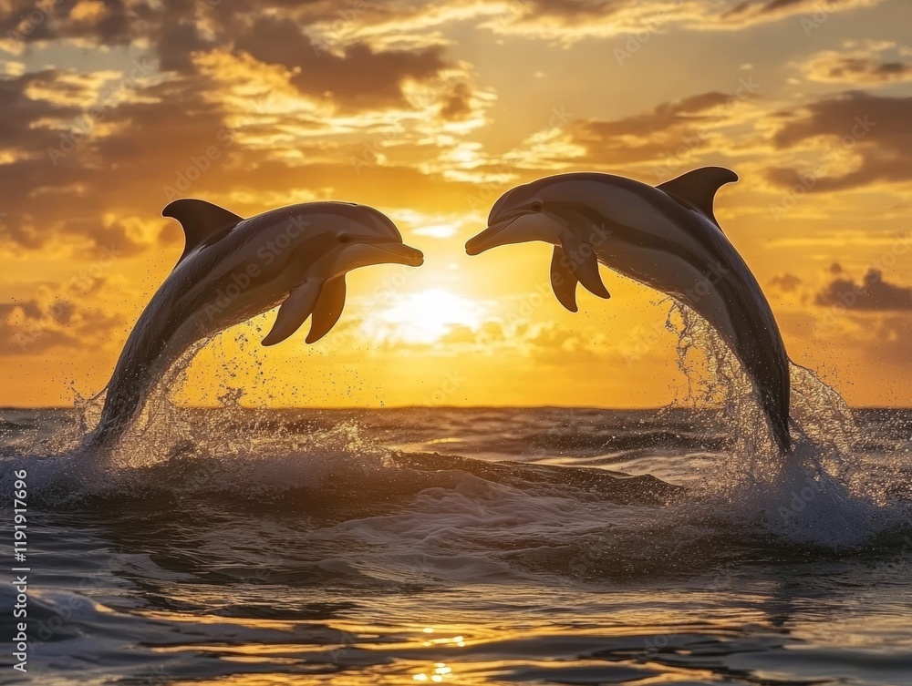 Fototapeta premium Two dolphins leap above the ocean waves during a beautiful sunset. - ai