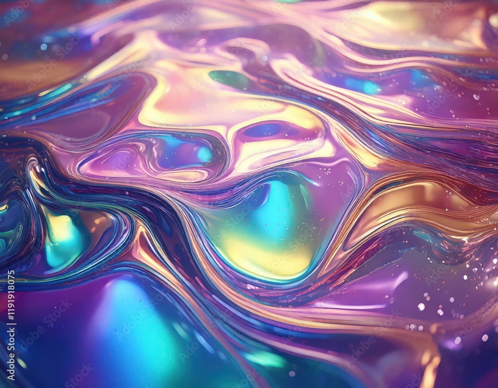Fototapeta premium Iridescence: Abstract Fluid Art: An abstract close-up showcasing vibrant, iridescent swirls of color, resembling liquid light or a cosmic nebula, with shimmering, metallic hues.