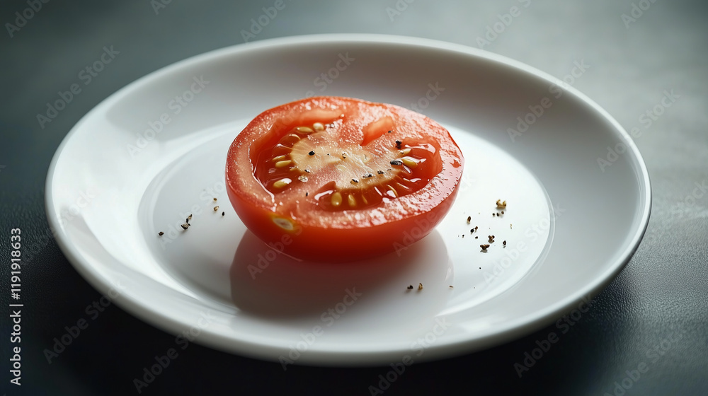 A close-up of a juicy, freshly sliced tomato with seeds glistening, on a simple, white plate. A close-up of a juicy, freshly sliced tomato with seeds glistening, on a simple, white plate.