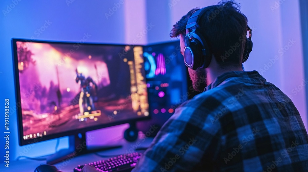 Young man playing computer games at home in neon light. Gaming concept. Young man playing computer games at home in neon light. Gaming concept.