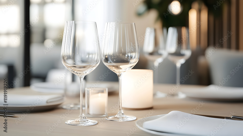 Elegant dinner setup with wine glasses, candles, and fine dining ambiance Elegant dinner setup with wine glasses, candles, and fine dining ambiance