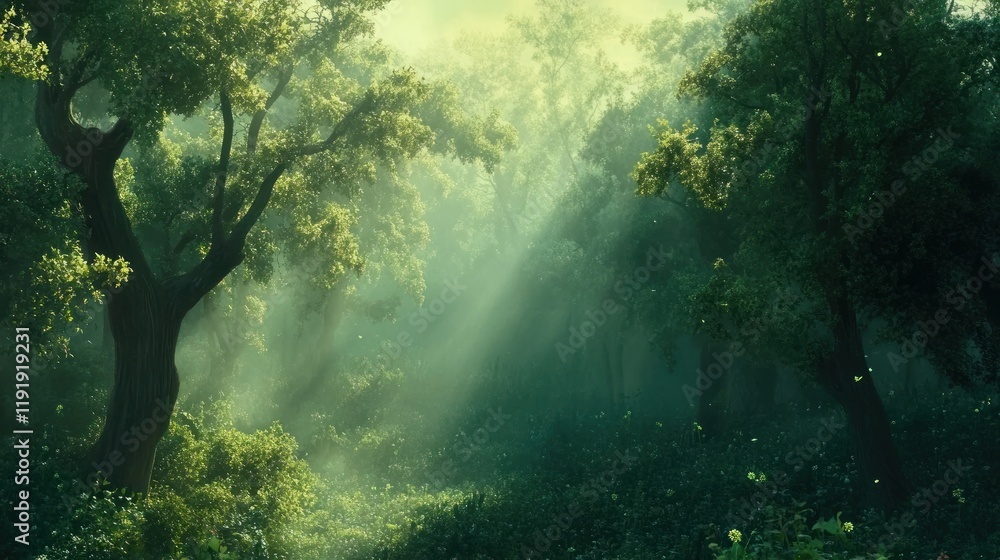 Enchanted Forest: A Mystical Dawn in a Verdant Grove Enchanted Forest: A Mystical Dawn in a Verdant Grove