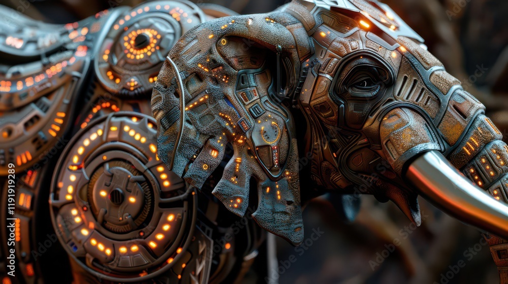 Fototapeta premium A futuristic, robotic elephant adorned with glowing circuits and intricate designs.