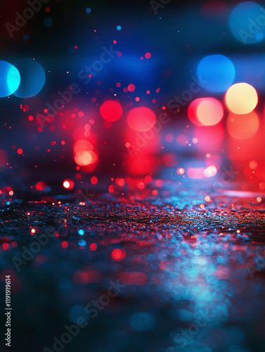 Abstract Emergency Scene: Flashing Police and Ambulance Lights in the Rain, Capturing the Intensity of Emergency Response, Public Safety, and Crisis Management on Wet Urban Streets at Night