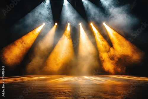 Yellow and white spotlights illuminate stage floor in a dark room- creating a dynamic and visually striking backdrop that is perfect for generating creative ideas and setting stage for a captivating p photo