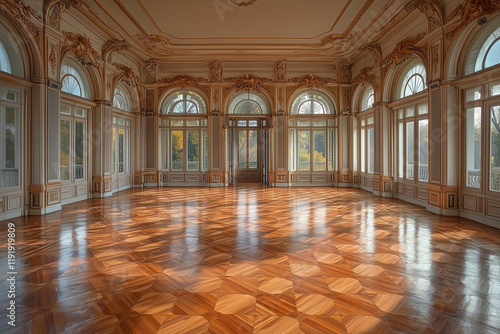 Elegantly Designed Parquet Floor in a Mansion s Ballroom