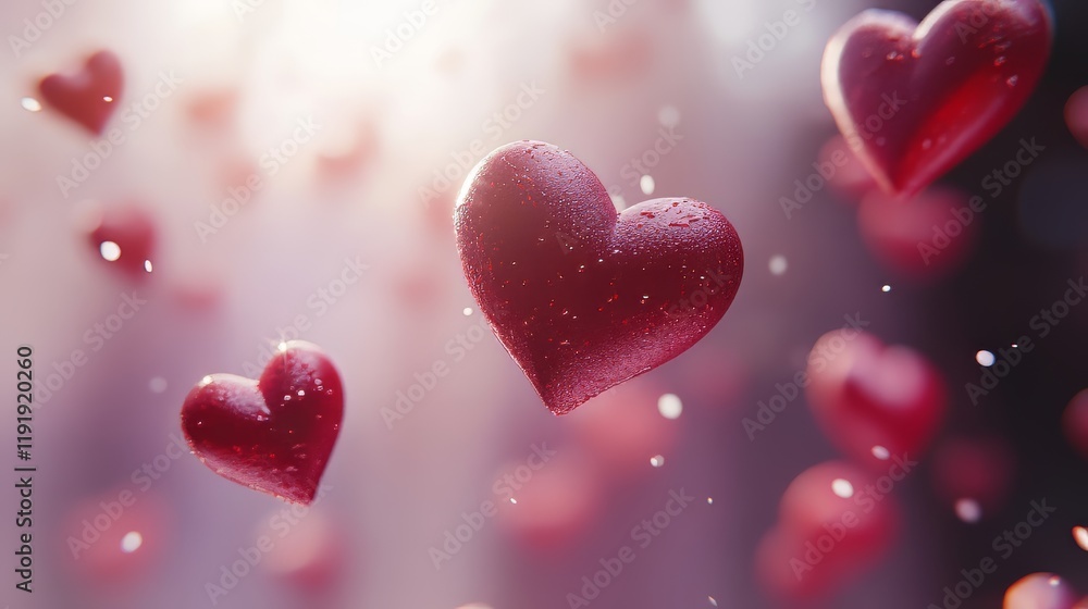 A romantic scene with floating red hearts against a dreamy background. A romantic scene with floating red hearts against a dreamy background.