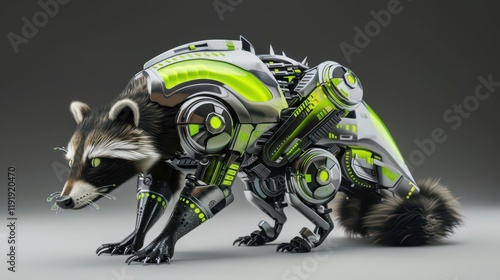 A robotic raccoon design featuring metallic elements and vibrant green accents. photo