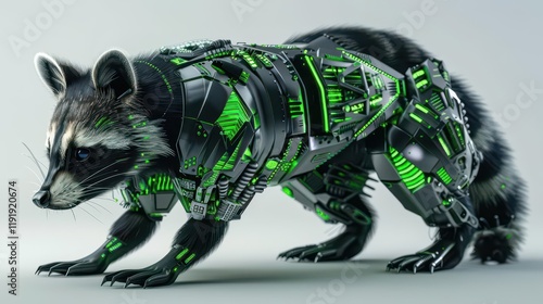 A robotic raccoon designed with sleek metallic features and glowing green accents. photo