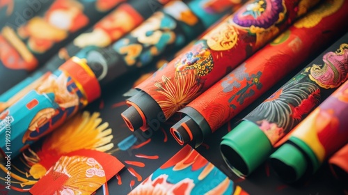 A close-up of Chinese New Year decorations, including paper lanterns, firecrackers, and couplets on red paper