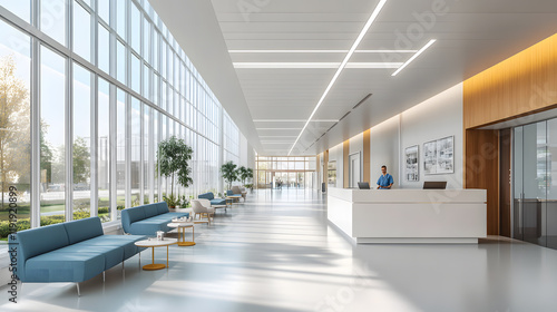 Modern Office Lobby with Large Windows and Greenery
