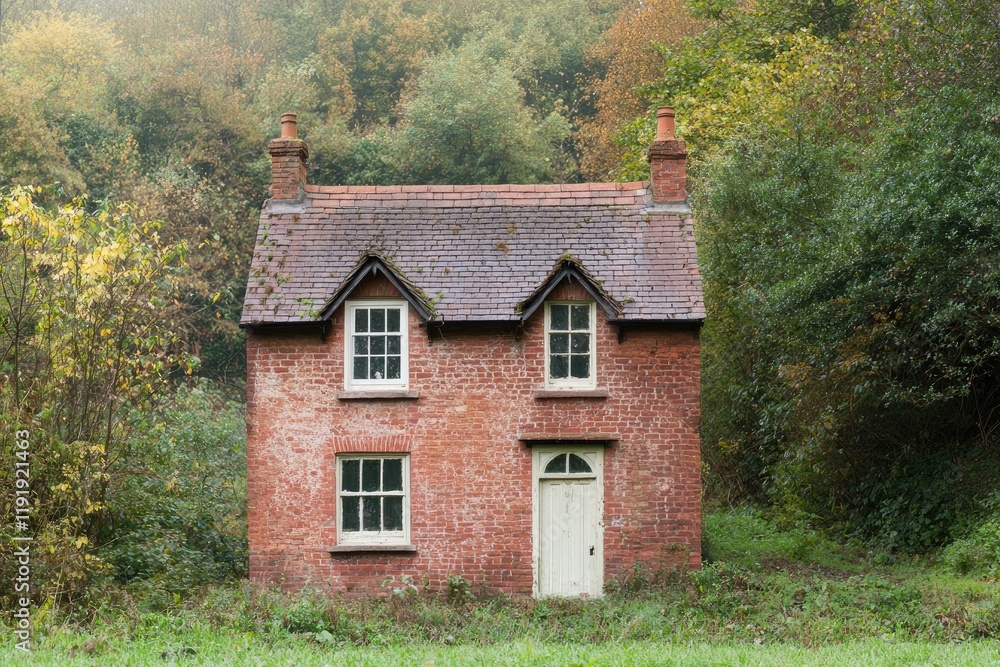 Brick house in forest with trees, a calm background, for home decor. Brick house in forest with trees, a calm background, for home decor.
