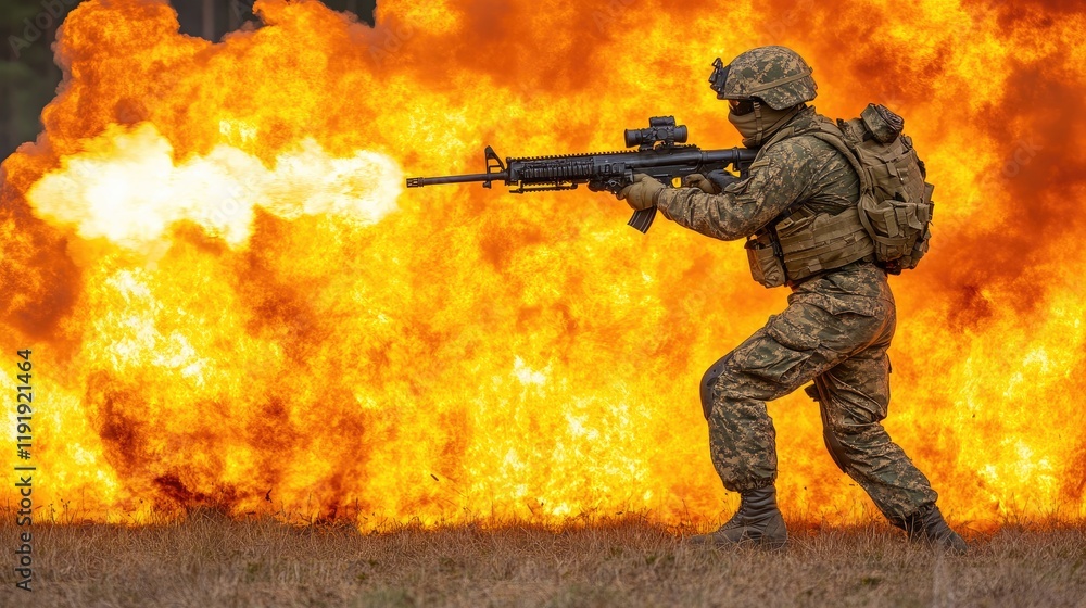 Soldier in action amidst explosive backdrop Soldier in action amidst explosive backdrop