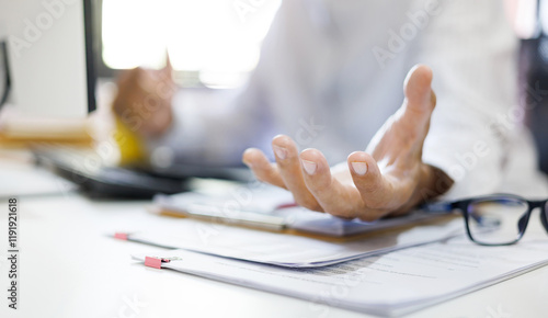 Canvastavla Close up shot, asian man working at desk in office and show outstretched hand wi