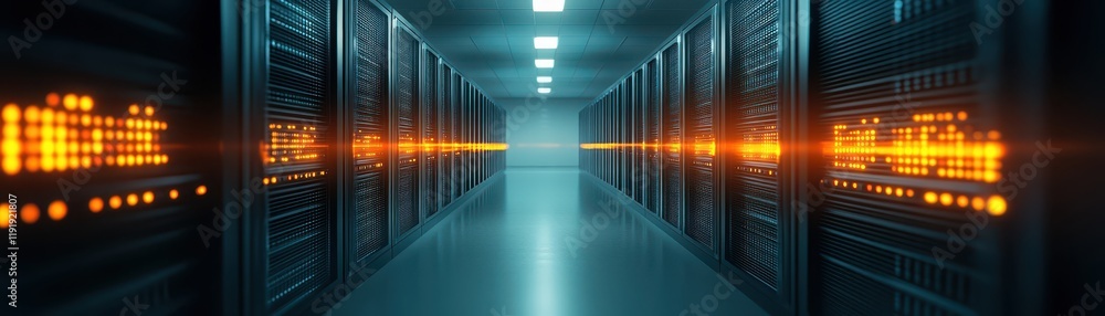 Fototapeta premium A comprehensive view of server hallway, infrastructure, data center technologies and connectivity