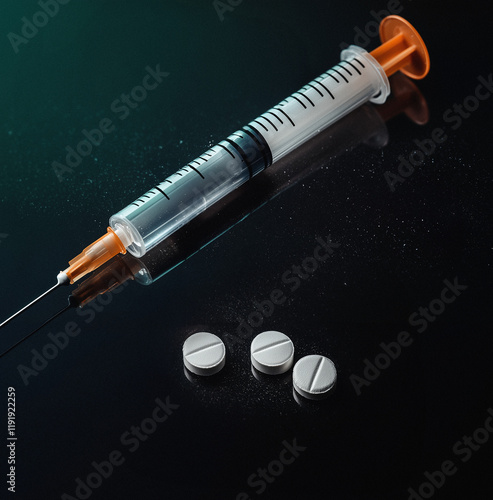 Syringe and White Pills on Black Background: Drug Addiction, Opioid Crisis, Overdose, and Substance Abuse – Highlighting the Struggles of Dependency and the Fight for Recovery