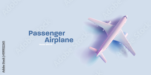 Passenger realistic airplane, 3D. Top view. For advertising concepts of travel, business, and promotional offers. Buying air tickets. Modern banner. Vector illustration.