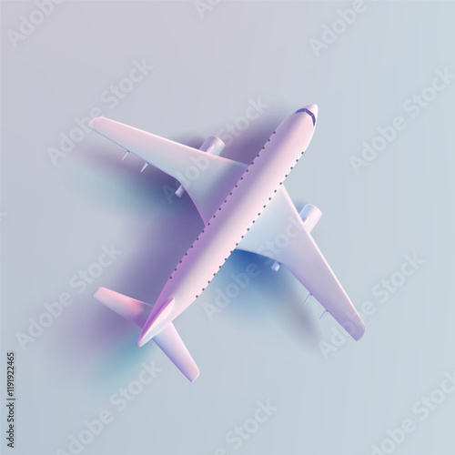 3D realistic modern passenger plane, top view. For concepts of air travel, travel, air transport, and technology. Vector illustration.
