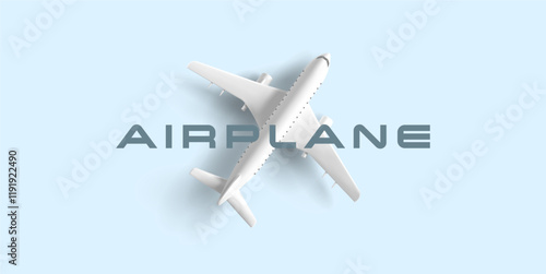 3D airplane, passenger plane, top view. Modern banner for advertising passenger and commercial transportation companies, branding, and promotional offers. Vector illustration.