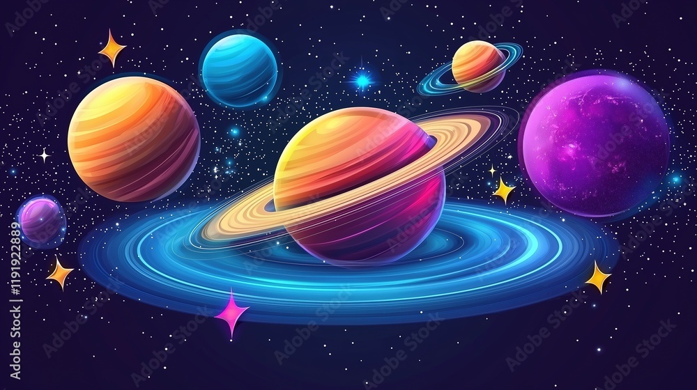 Naklejka premium Vibrant planets and stars in a colorful cosmic scene.