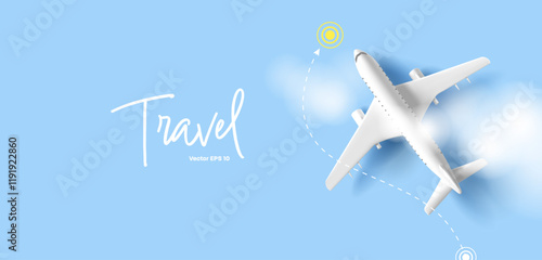 Airplane travel. 3D white airplane on a background of blue sky and clouds. Travel map and destination. For concepts of tourist air flights, buying tickets, vacations, and business trips.