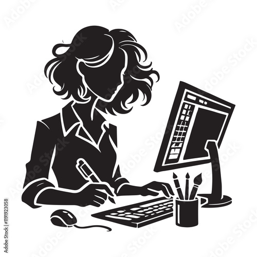 Graphic Designer Silhouette Vector Illustration, Solid White Background.