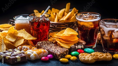 Assorted Junk Food and Sugary Drinks Together