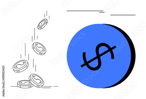 Falling coins on the left with a large blue circle featuring a dollar sign on the right. Ideal for financial growth, savings, economy, wealth management, market dynamics, investment concepts