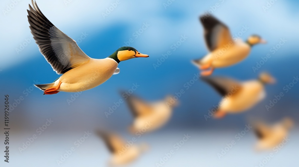 Obraz premium Graceful ducks soaring through bright sunlight a vibrant autumn sky. AI Generated